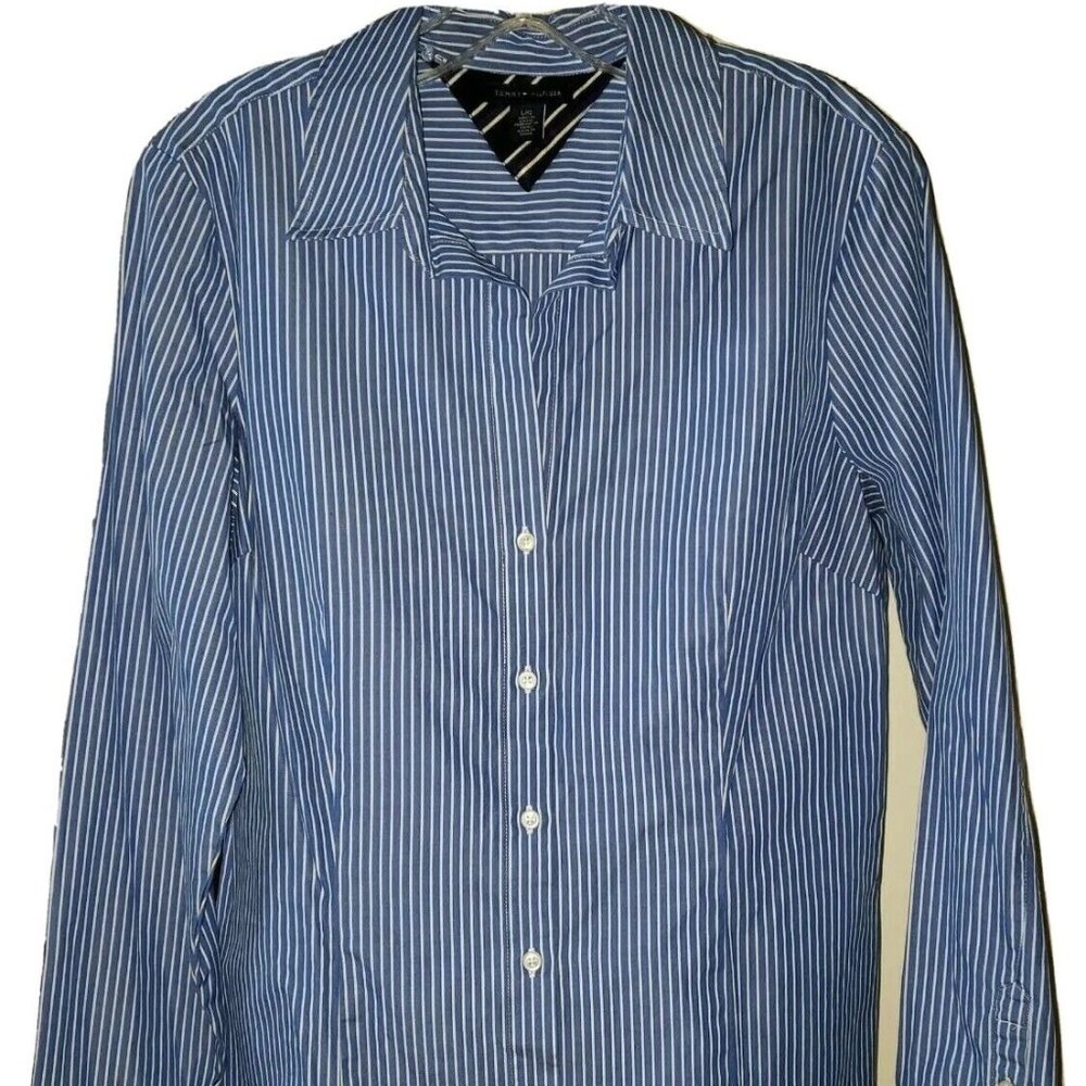 TOMMY HILFIGER Career Classic Button Front Collared Shirt Blue White Stripe Lg